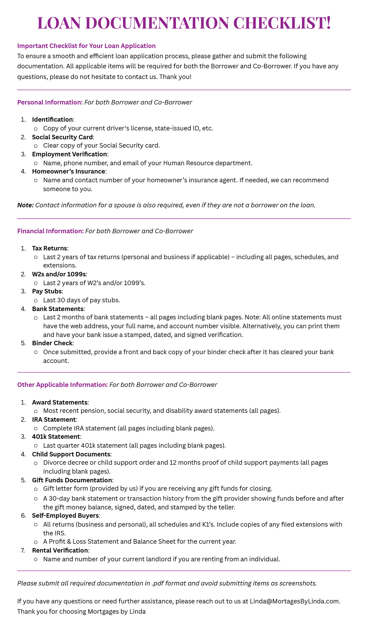 Mortgages By Linda Loan Documentation Checklist Mortgage Broker Jacksonville FL