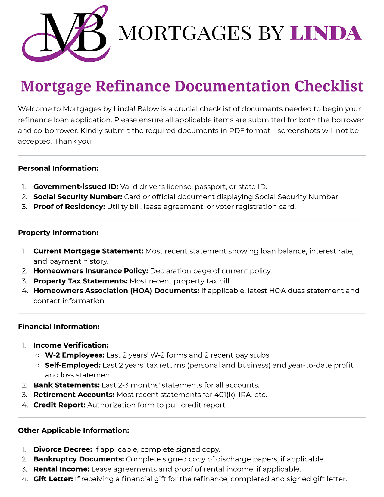 Mortgages By Linda Mortgage Refinance Documentation Checklist Mortgage Broker Jacksonville FL