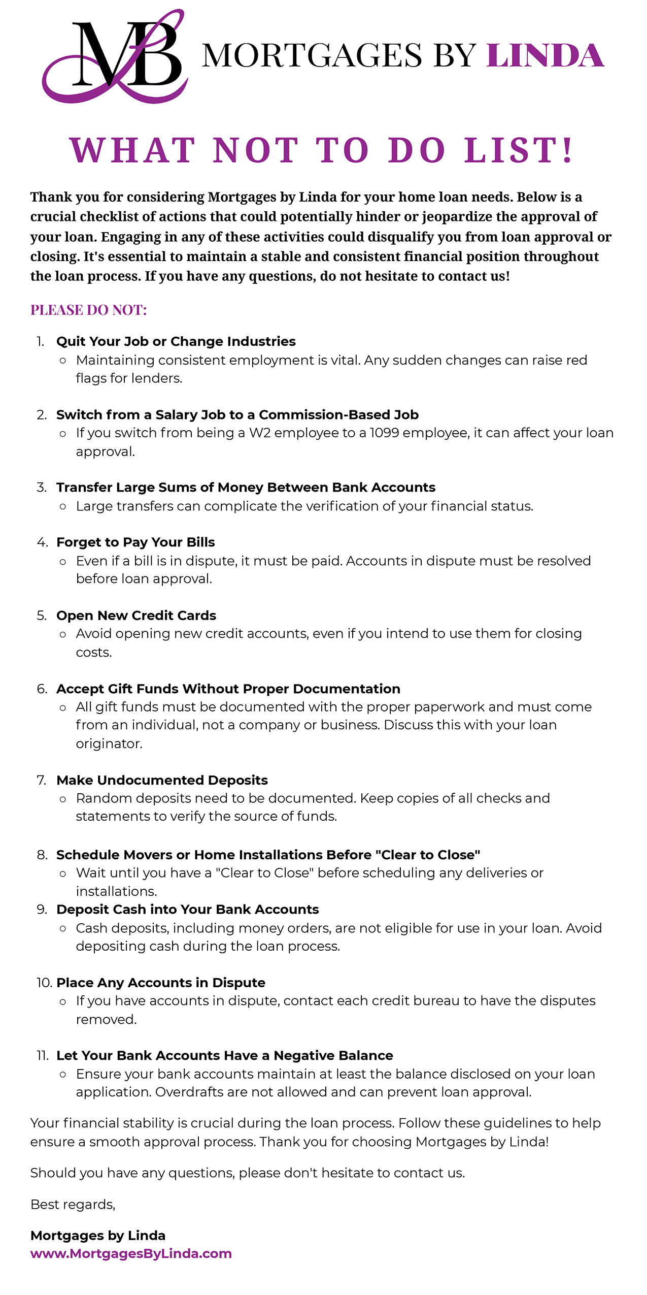 Mortgages By Linda Mortgage What Not To Do List Mortgage Broker Jacksonville FL